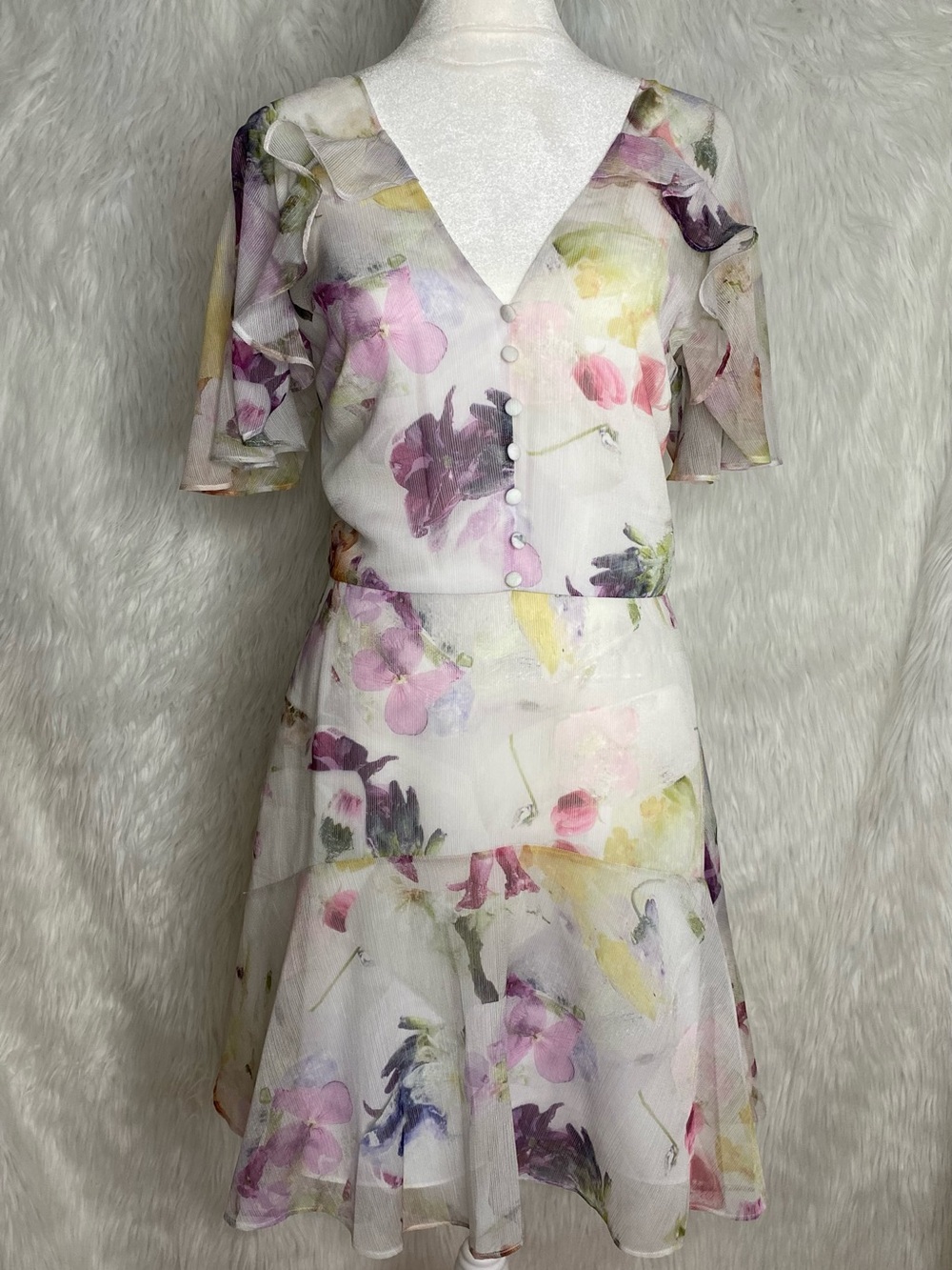 Ted Baker London White Pastel Floral V-Neck Mini Dress